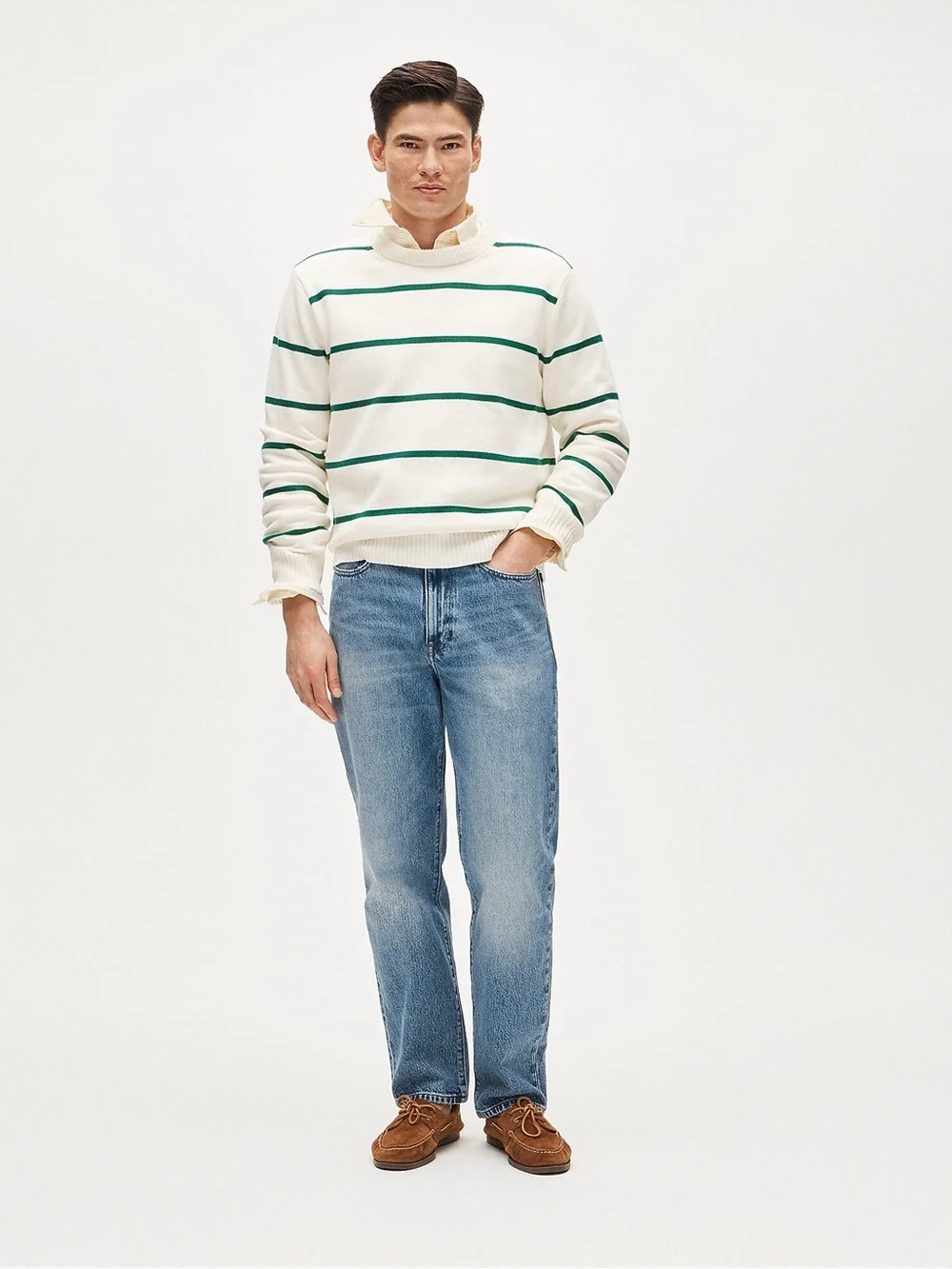 NWT J.Crew Heritage 100% Cotton Crewneck Sweater Ivory Jungle Green Stripe $118